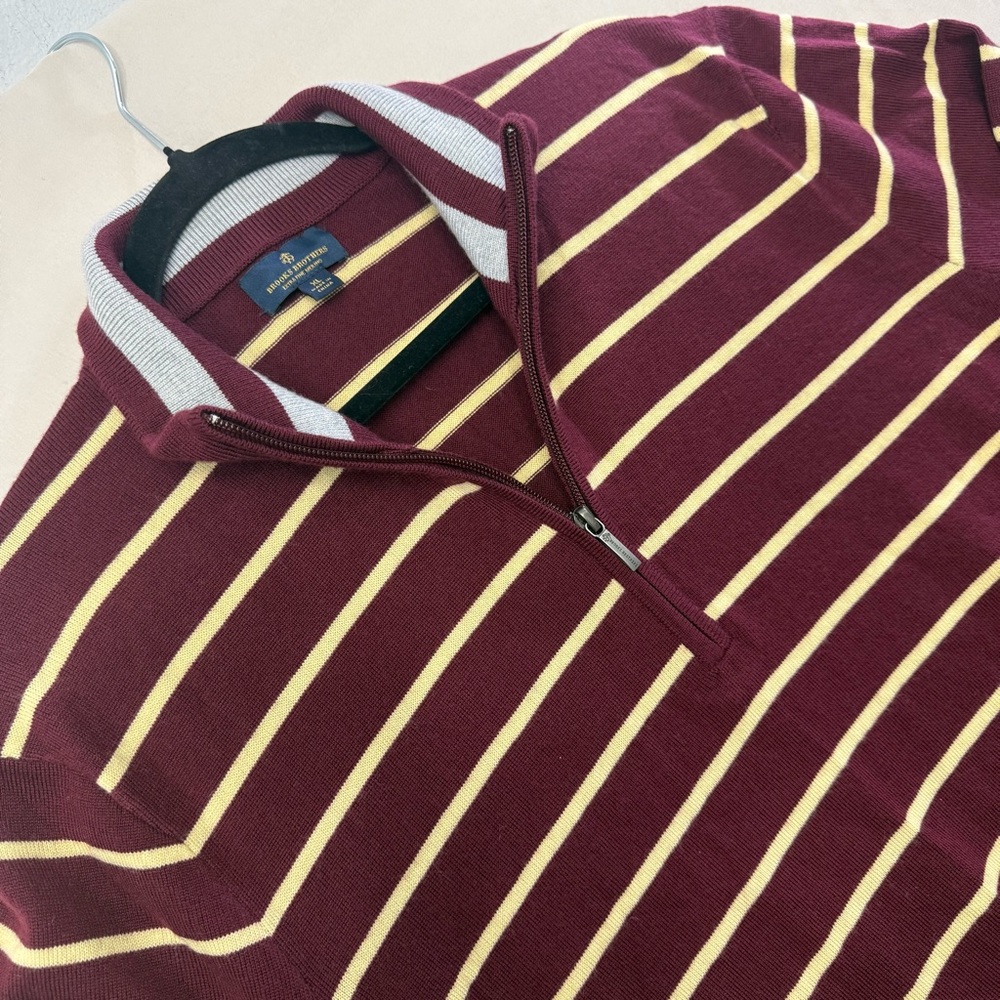 Brooks Brothers Merino Wool 1/4 Zip Sweater Mens XL Burgundy Stripe Pullover
